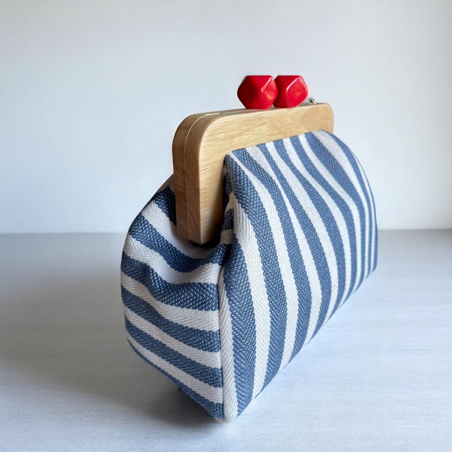 Striped Canvas Clutch with Wooden Frame – Handmade in Türkiye