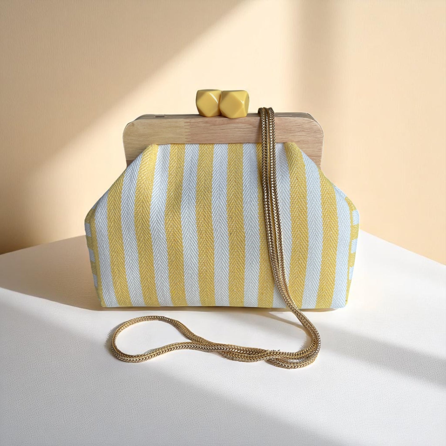 Handmade Yellow Striped Canvas Clutch with Wooden Frame, Boho Purse, Stylish Summer Bag, Handcrafted In Turkiye - Glam Duchess