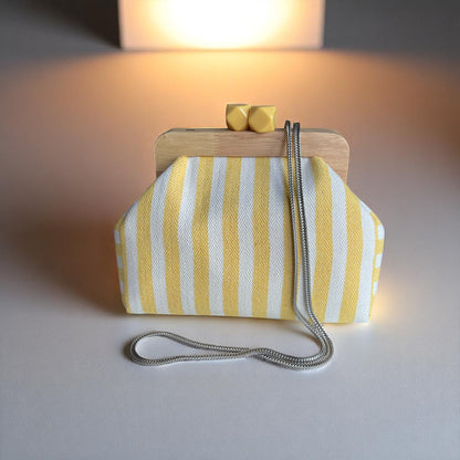 Handmade Yellow Striped Canvas Clutch with Wooden Frame, Boho Purse, Stylish Summer Bag, Handcrafted In Turkiye - Glam Duchess