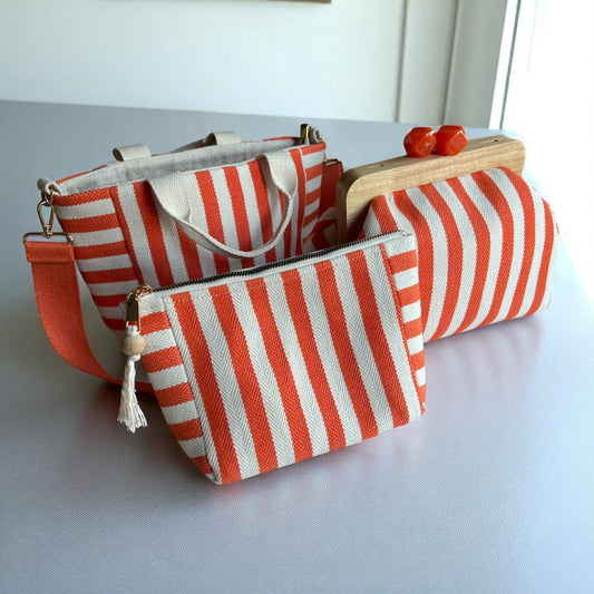 Handmade Stripe Cotton Canvas Bag Set – Tote, Clutch & Pouch Trio
