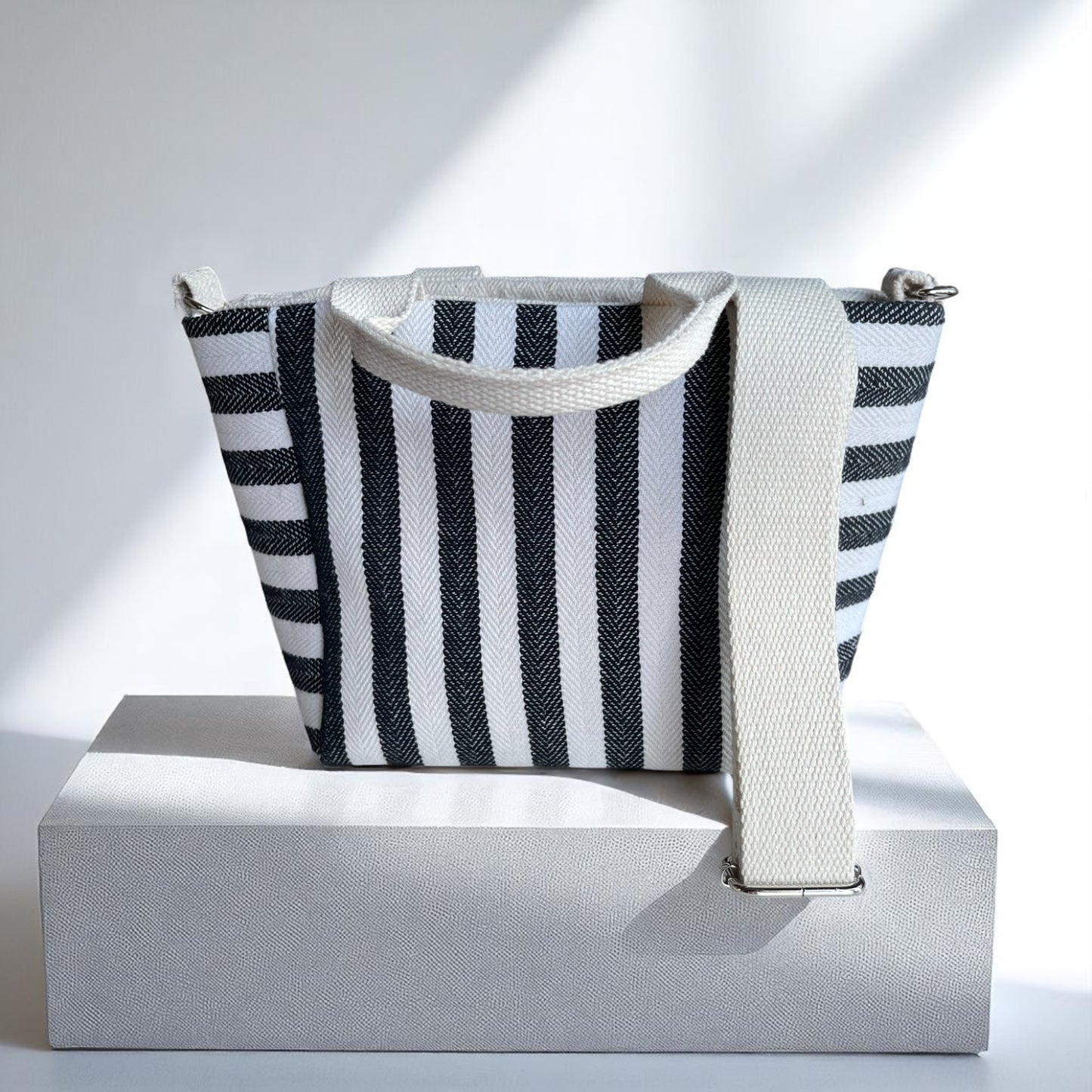 Black Stripe Cotton Canvas Bag Set – Tote, Clutch & Pouch Trio