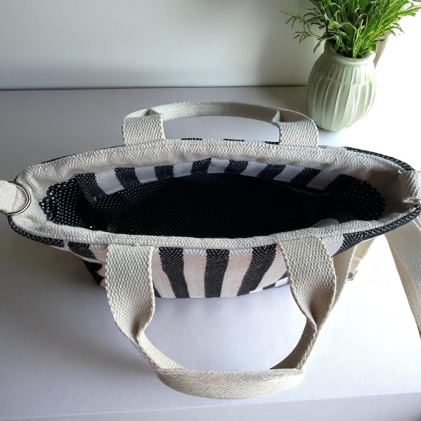 Black Stripe Cotton Canvas Bag Set – Tote, Clutch & Pouch Trio