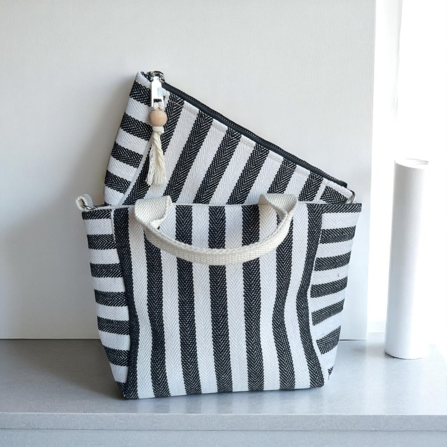 Black Stripe Cotton Canvas Bag Set – Tote, Clutch & Pouch Trio