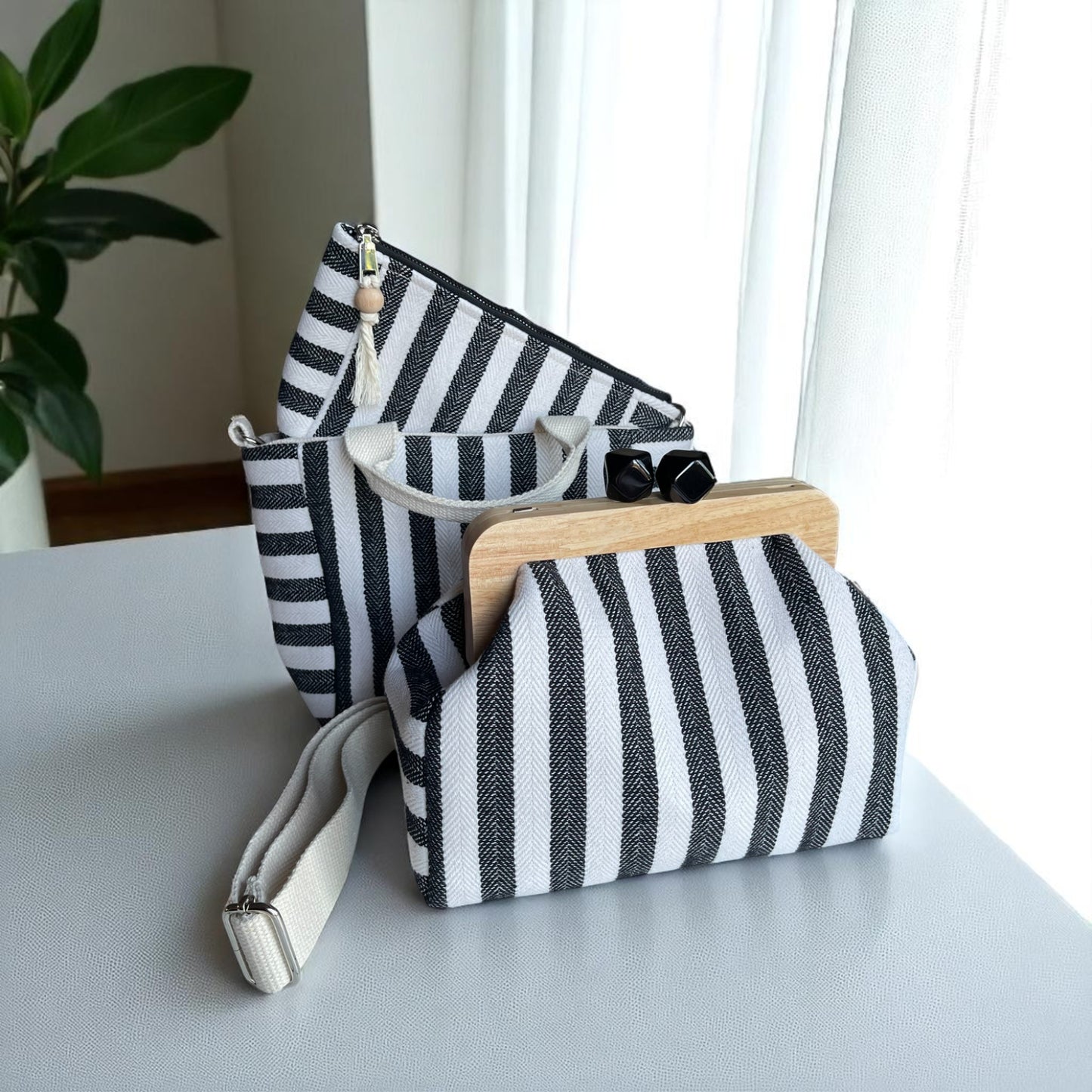 Black Stripe Cotton Canvas Bag Set – Tote, Clutch & Pouch Trio