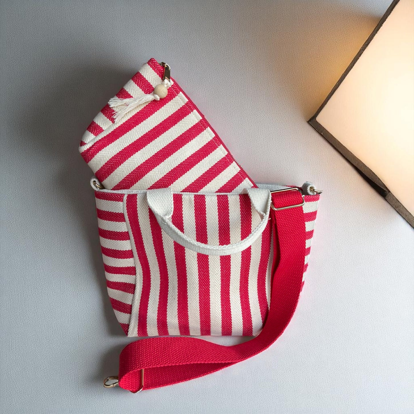 Red Stripe Cotton Canvas Bag Set – Tote, Clutch & Pouch Trio