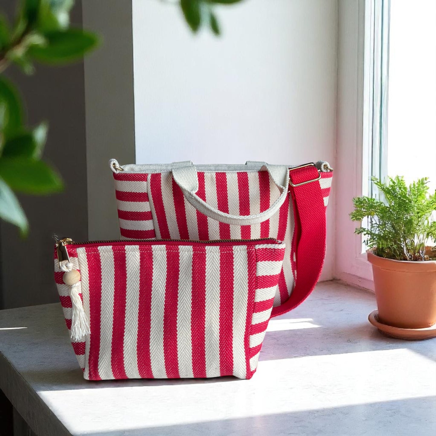 Red Stripe Cotton Canvas Bag Set – Tote, Clutch & Pouch Trio
