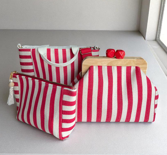 Red Stripe Cotton Canvas Bag Set – Tote, Clutch & Pouch Trio
