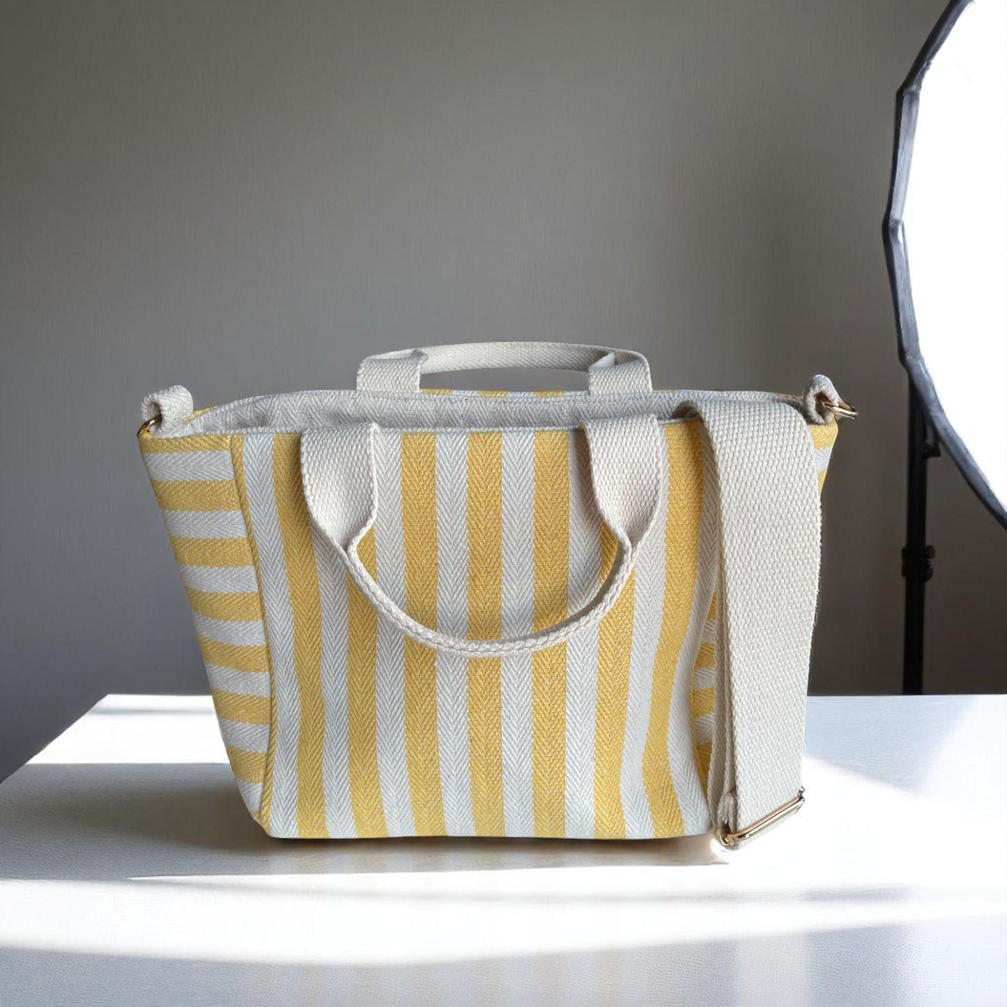 Sunny Stripe Cotton Canvas Bag Set – Tote, Clutch & Pouch Trio