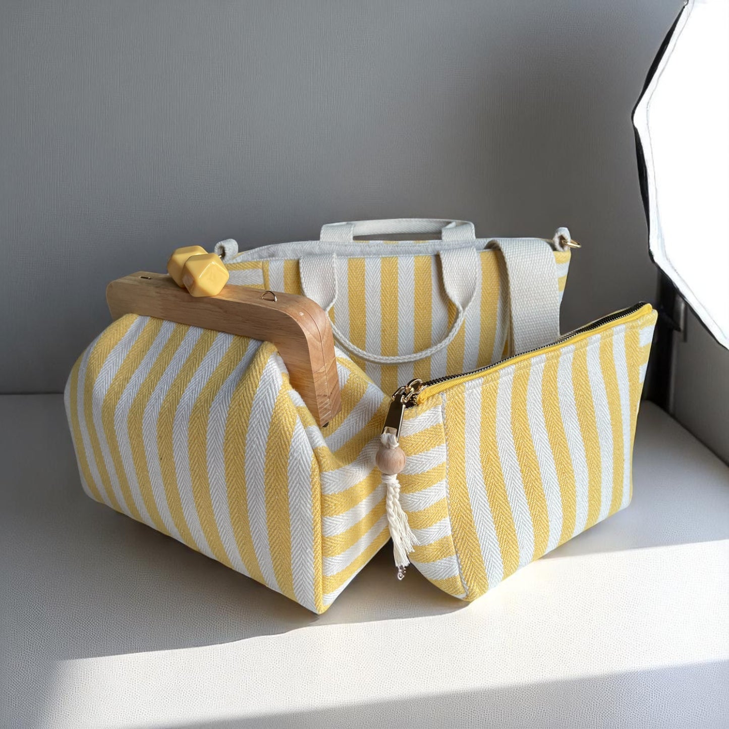 Sunny Stripe Cotton Canvas Bag Set – Tote, Clutch & Pouch Trio
