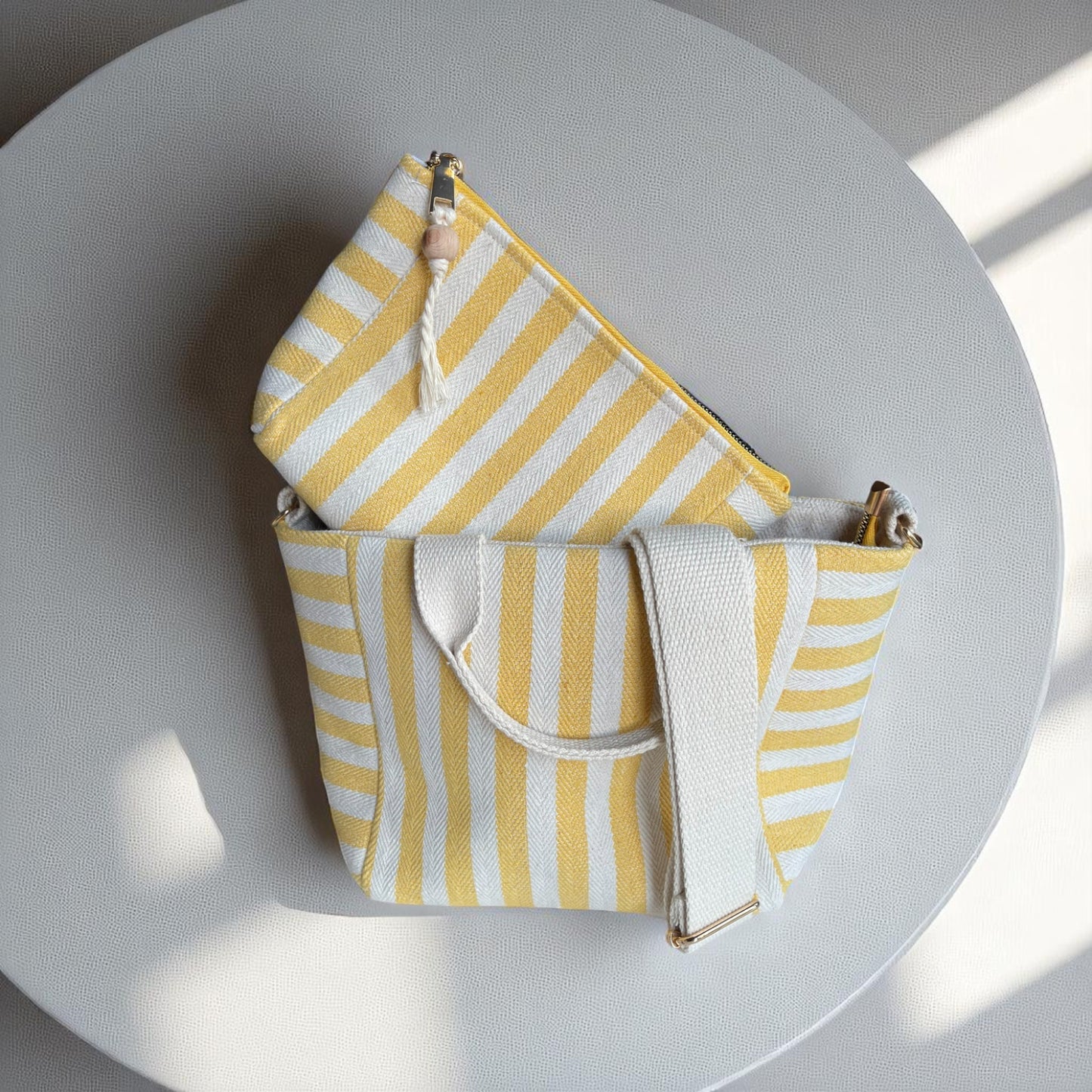 Sunny Stripe Cotton Canvas Bag Set – Tote, Clutch & Pouch Trio