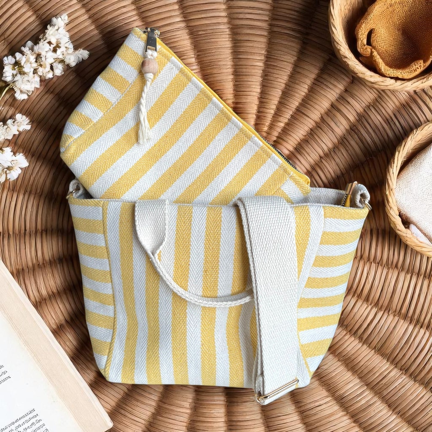 Sunny Stripe Cotton Canvas Bag Set – Tote, Clutch & Pouch Trio