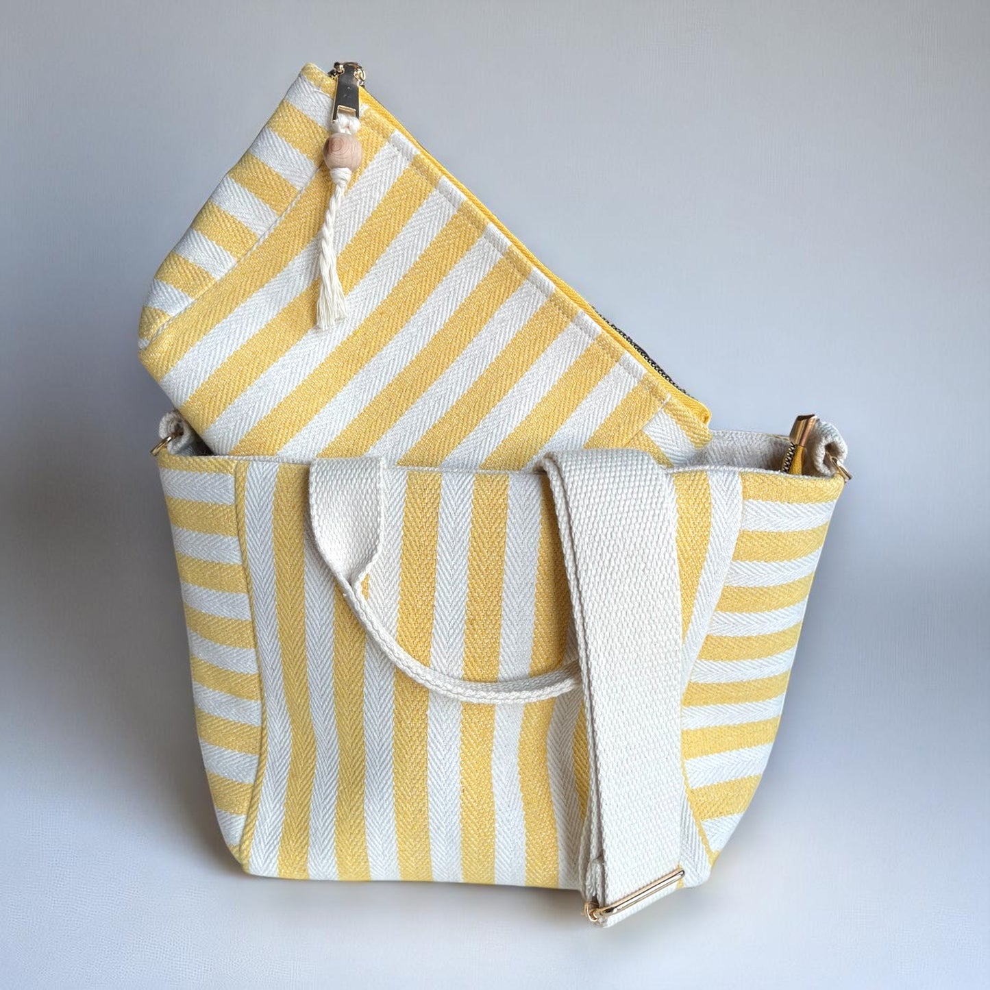 Sunny Stripe Cotton Canvas Bag Set – Tote, Clutch & Pouch Trio