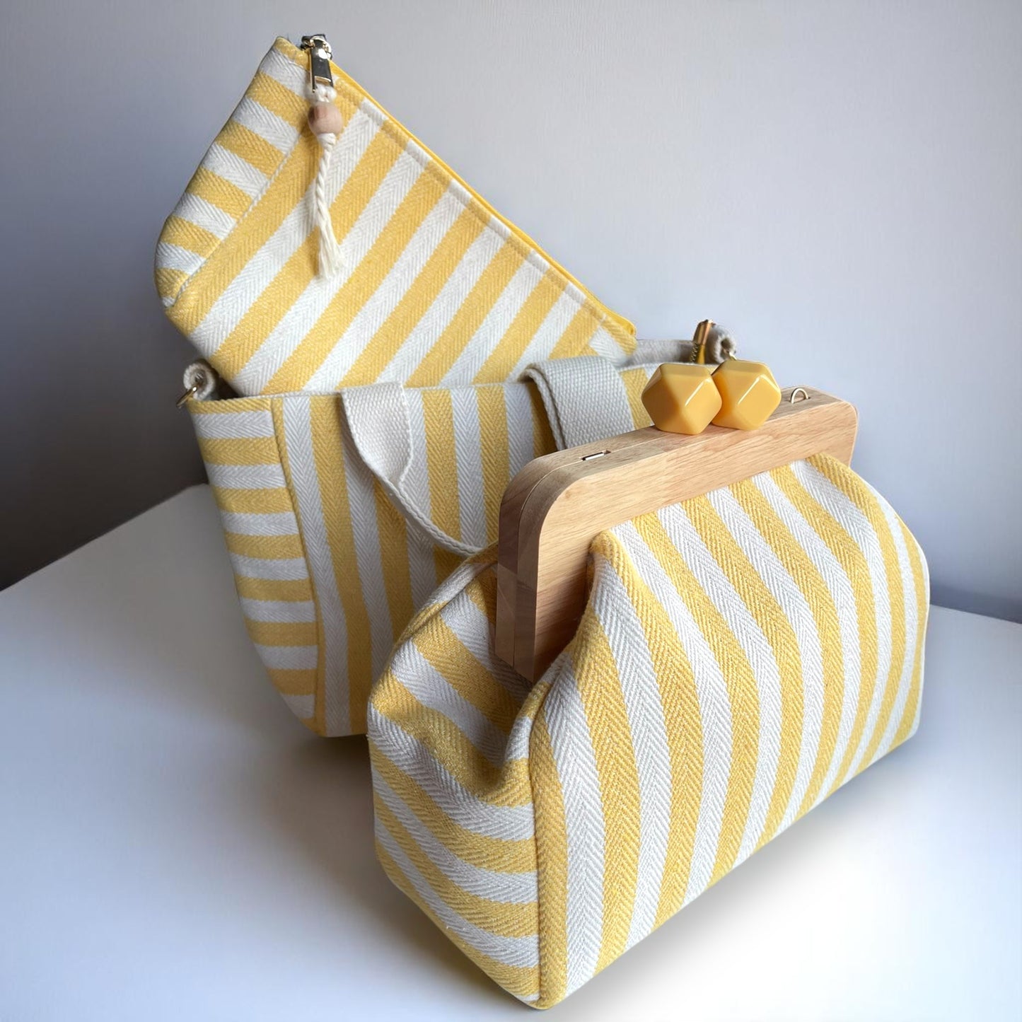 Sunny Stripe Cotton Canvas Bag Set – Tote, Clutch & Pouch Trio