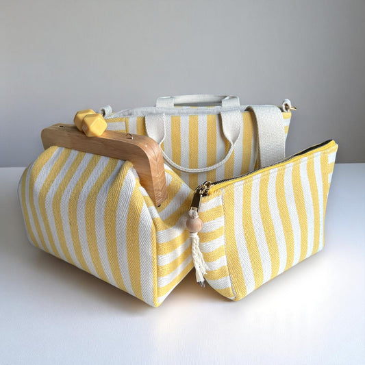 Sunny Stripe Cotton Canvas Bag Set – Tote, Clutch & Pouch Trio