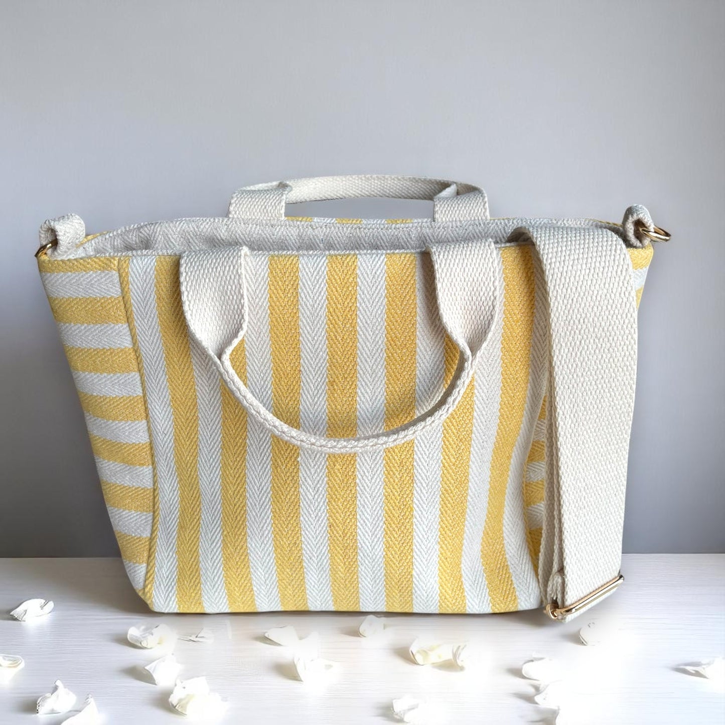 Sunny Stripe Cotton Canvas Bag Set – Tote, Clutch & Pouch Trio