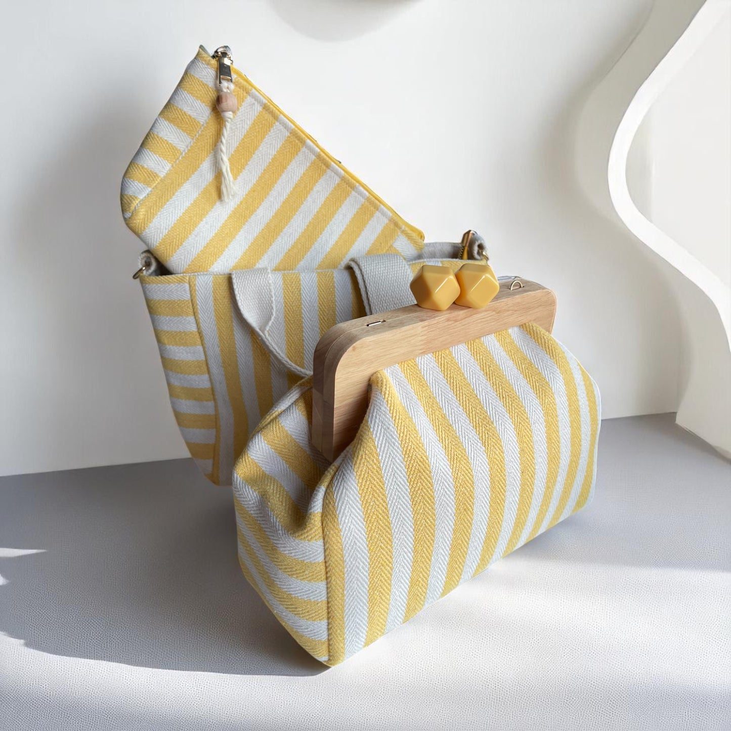 Sunny Stripe Cotton Canvas Bag Set – Tote, Clutch & Pouch Trio