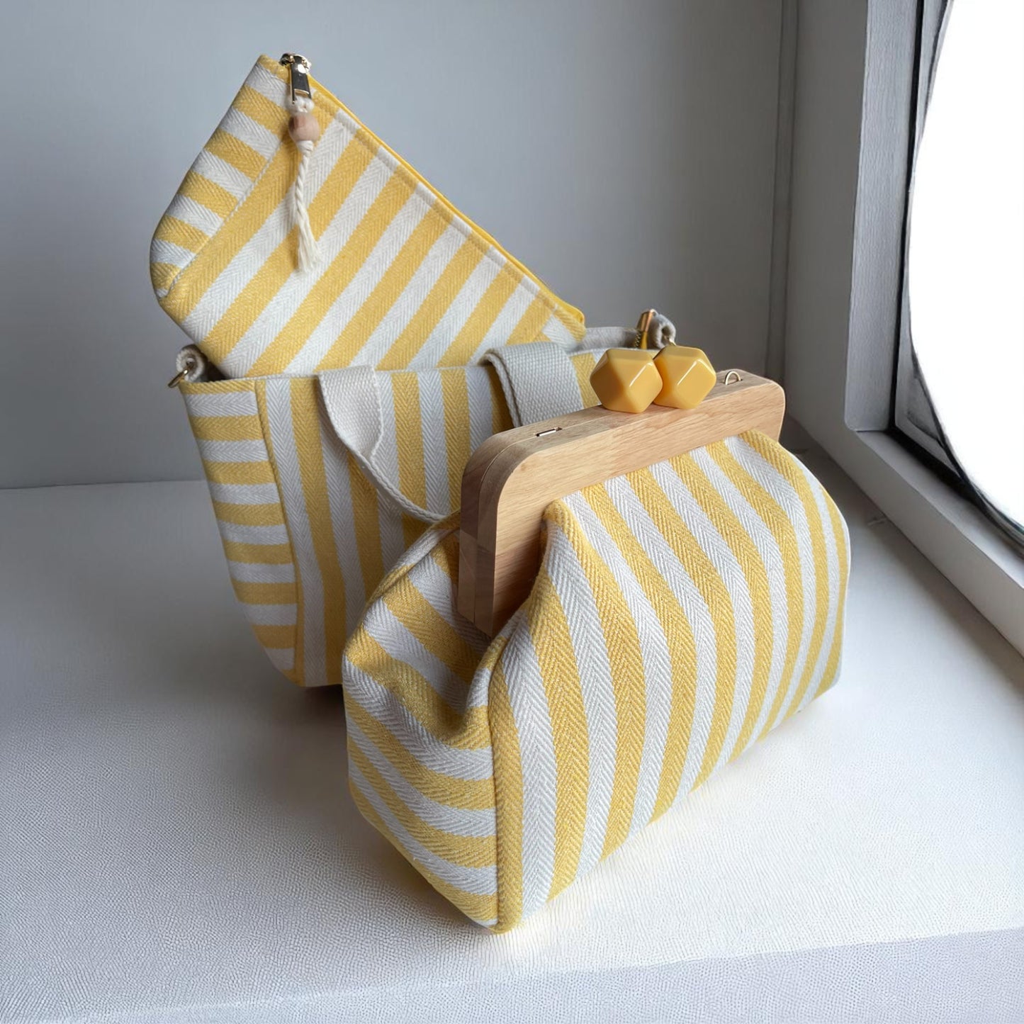 Sunny Stripe Cotton Canvas Bag Set – Tote, Clutch & Pouch Trio