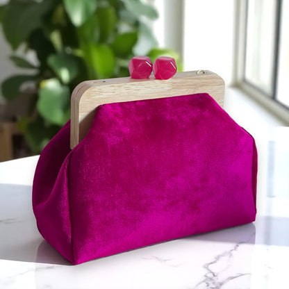 Luxury Fuchsia Velvet Clutch Handmade with Wood Frame , Minimal Evening Bag, Elegant Party Purse, Unique Gift - Glam Duchess