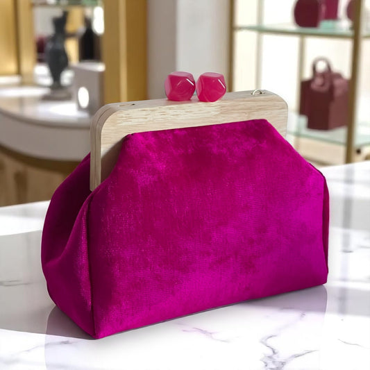 Fuchsia Velvet Handmade Clutch with Wood Frame – Made in Türkiye