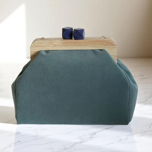 Sage Green Suede Handmade Clutch with Wood Frame – Made in Türkiye