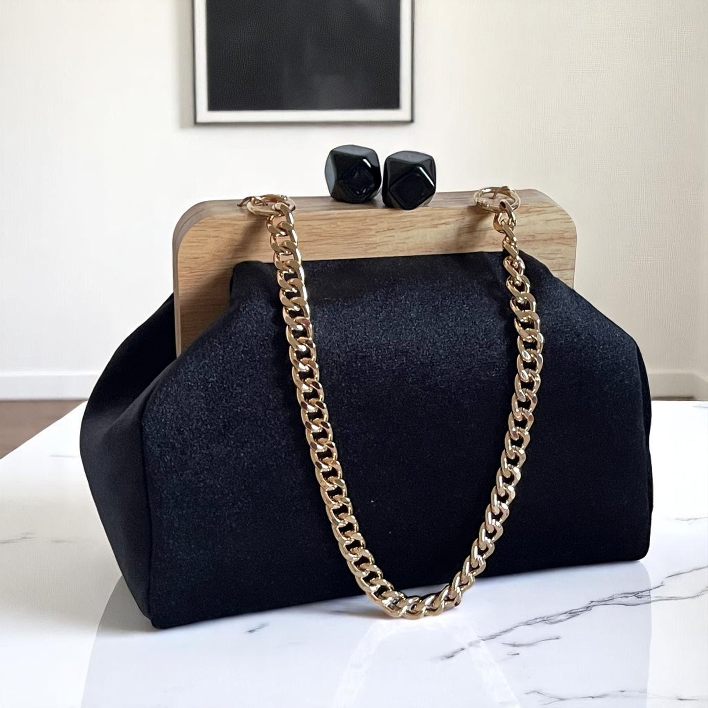 Black Large Clutch with Wooden Frame and Geometric Beaded Handle, Handmade Evening Bag | Modern Formal Purse | Aramele Atelier