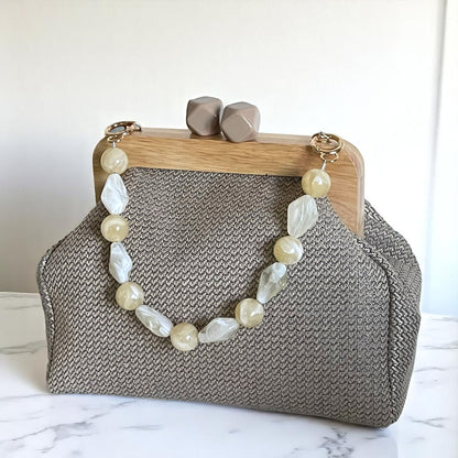 Handmade Beige Woven Clutch Bag with Wooden Frame and Marble Beaded Handle – Elegant Textured Purse for Women - Glam Duchess