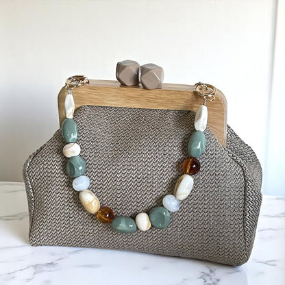 Handmade Beige Woven Clutch Bag with Wooden Frame and Marble Beaded Handle – Elegant Textured Purse for Women - Glam Duchess