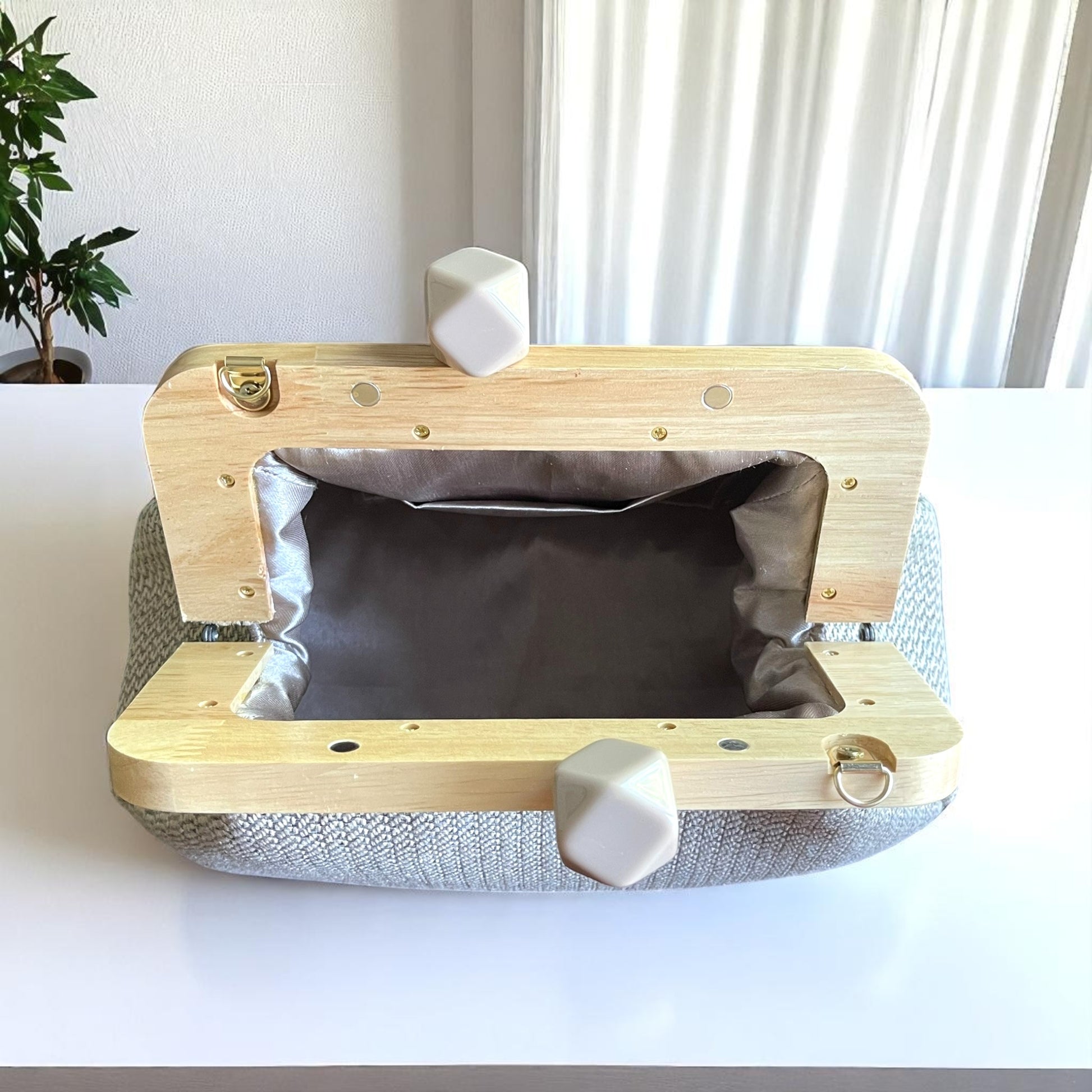 Handmade Beige Woven Clutch Bag with Wooden Frame and Marble Beaded Handle – Elegant Textured Purse for Women - Glam Duchess