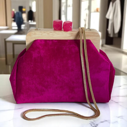 Fuchsia Velvet Clutch Handmade with Wood Frame , Minimal Evening Bag, Elegant Party Purse, Unique Gift - Glam Duchess