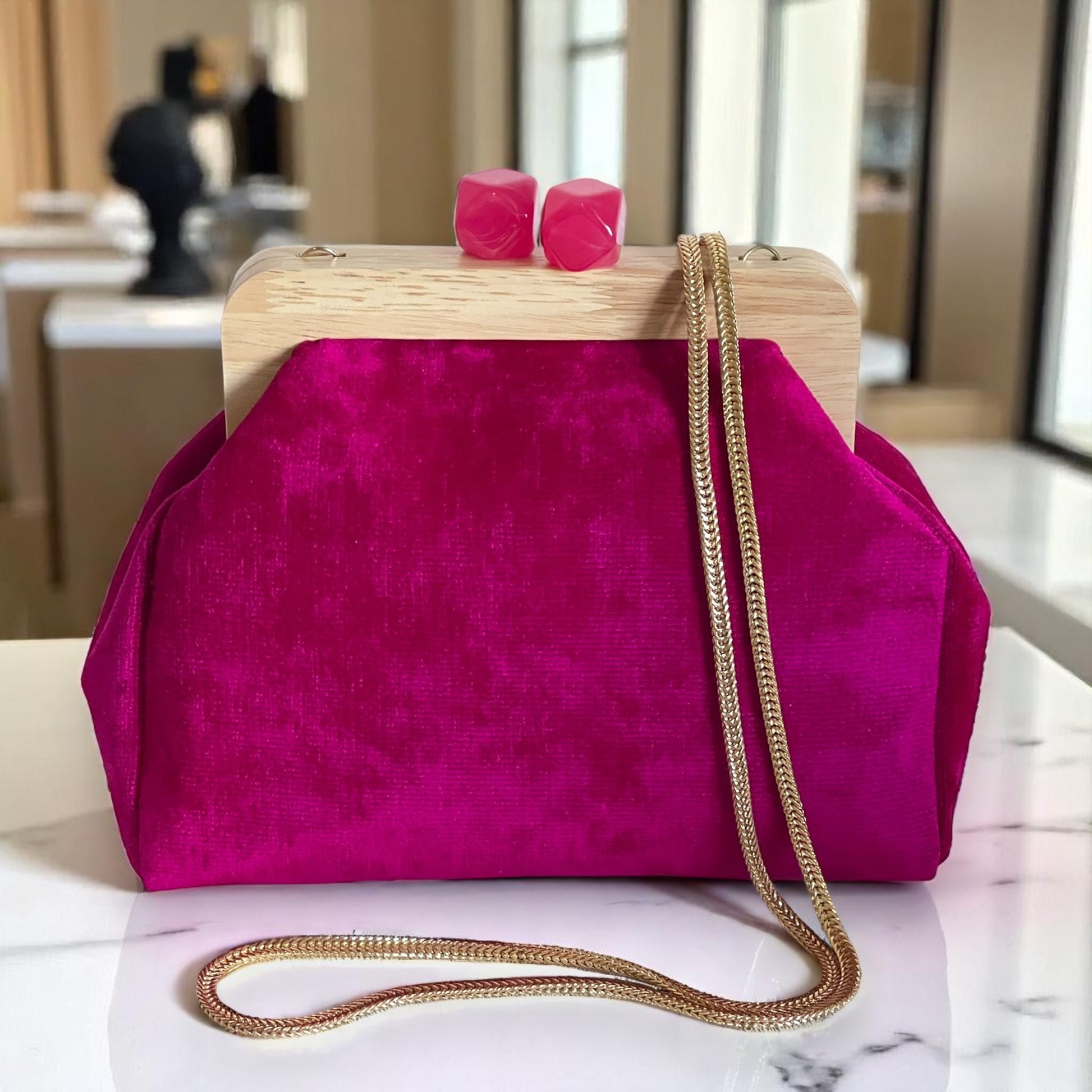 Fuchsia Velvet Clutch Handmade with Wood Frame , Minimal Evening Bag, Elegant Party Purse, Unique Gift - Glam Duchess