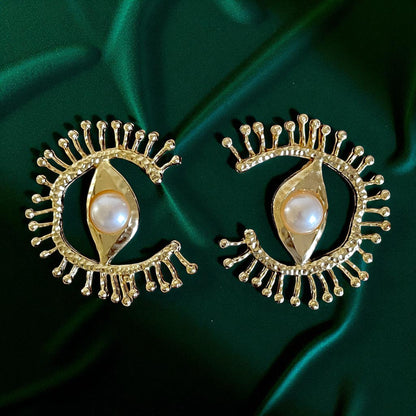 Handmade 18K Gold-Plated  Eye Statement Earrings with Pearl Center (6cm)