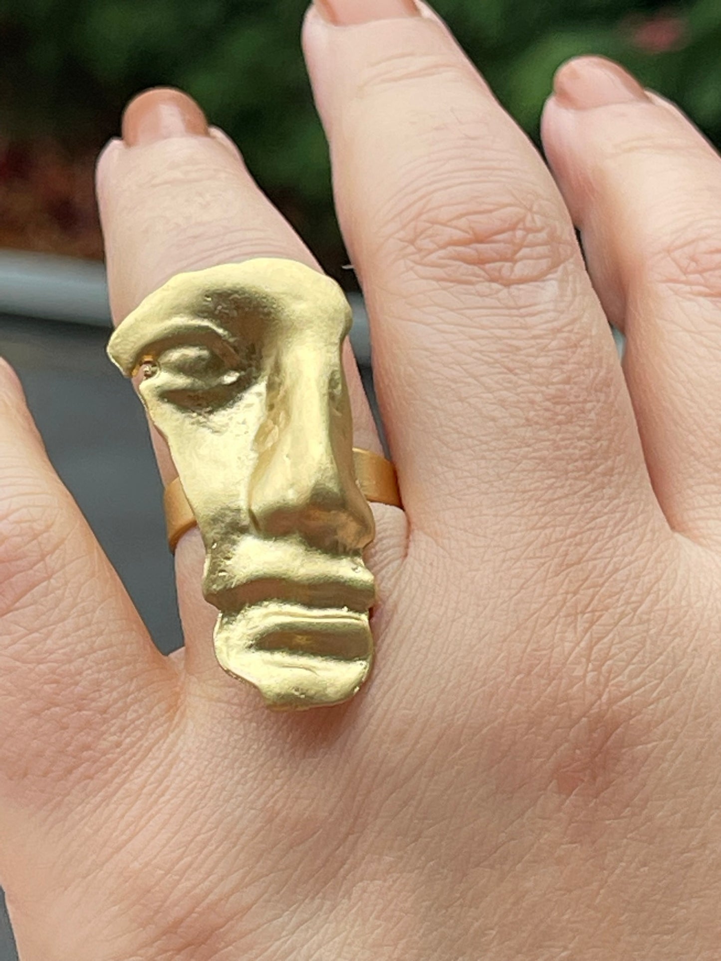 Handmade Gold-Plated Face Statement Ring – Adjustable Artistic Jewelry