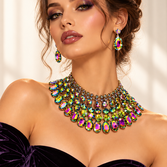 Green Crystal Necklace Set With Matching Earrings For Elegant Gala Couture Jewelry - Jewelry Sets from Glam Duchess