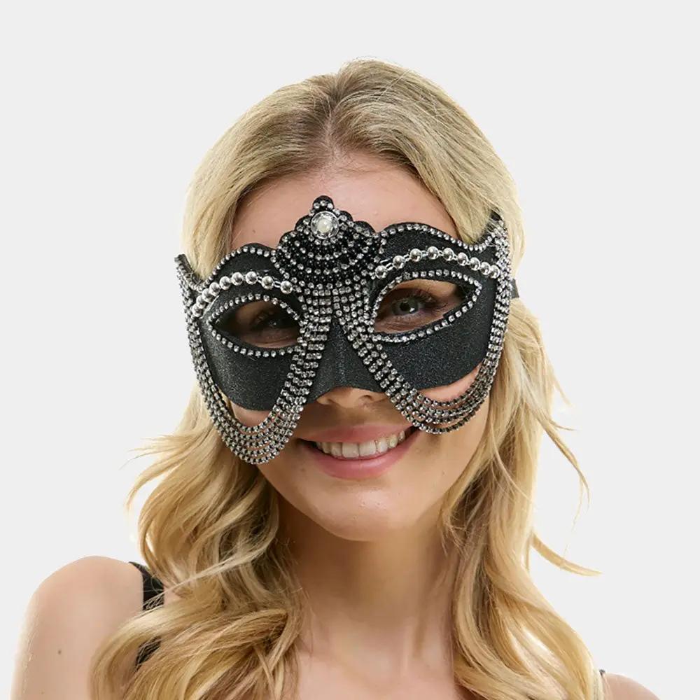 Layered Chain Accent Glittered Masquerade Halloween Mask - Uncategorized from Glam Duchess