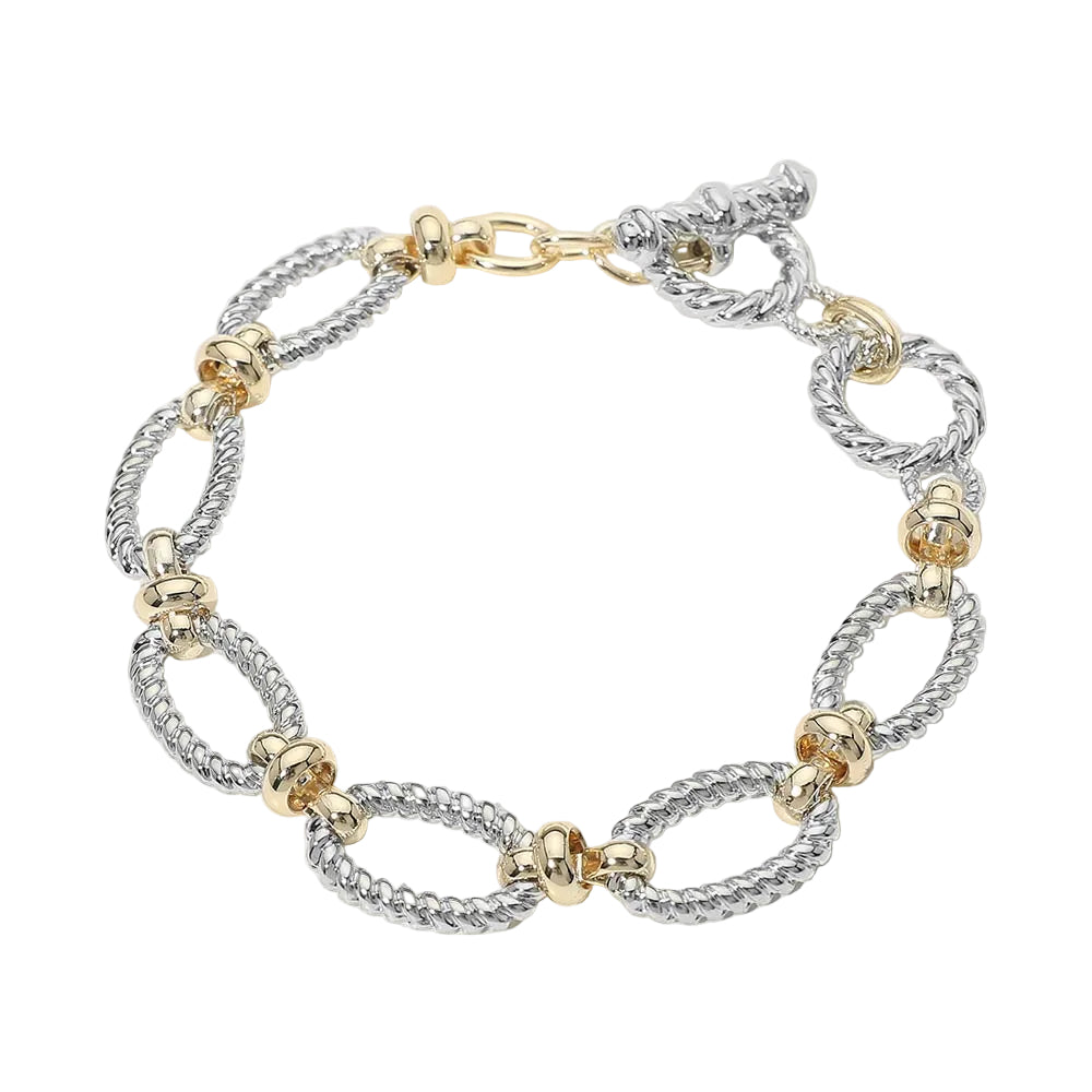 14K Gold Plated Two Tone Twisted Oval Link Drop Earrings Bracelet Set