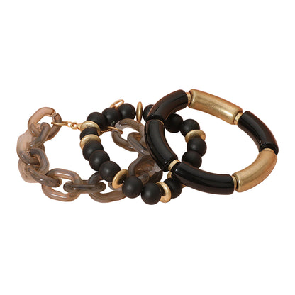 3PCS - Bold Wooden Mixed Beaded Stretch Resin Link Multi Layered Bracelets