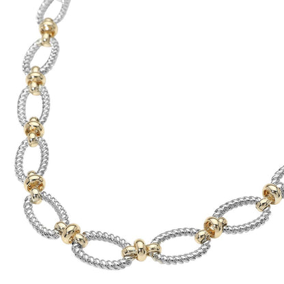 14K Gold Plated Two Tone Textured Oval Link Toggle Necklace