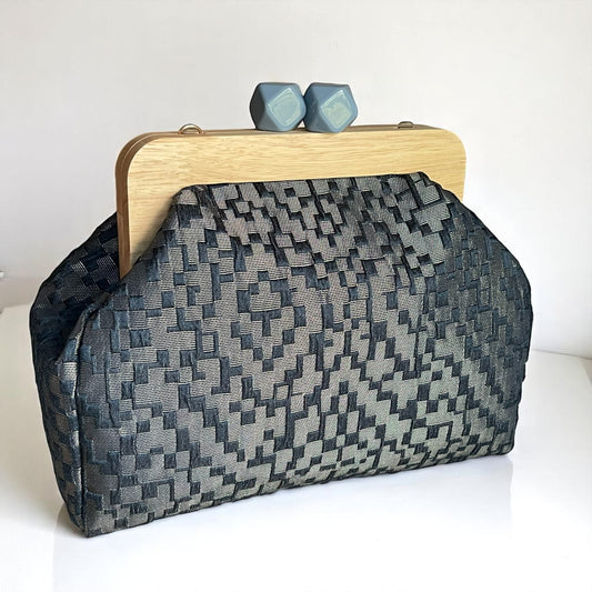 Woven Midnight Blue Clutch with Wooden Frame & Geometric Clasp