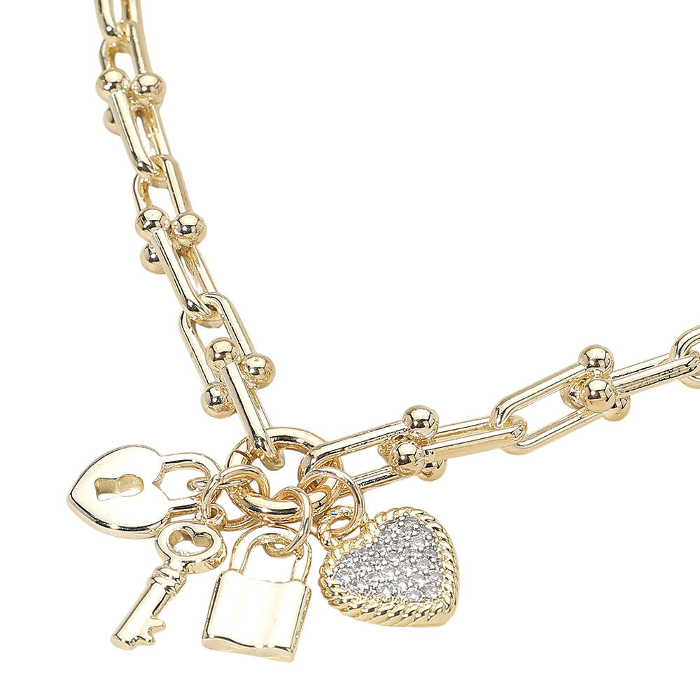 14K Gold Plated CZ Stone Paved Heart Key Lock Charm Industrial Link Chain Necklace