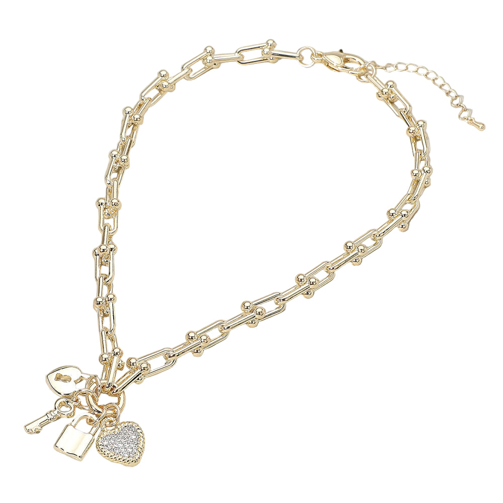 14K Gold Plated CZ Stone Paved Heart Key Lock Charm Industrial Link Chain Necklace
