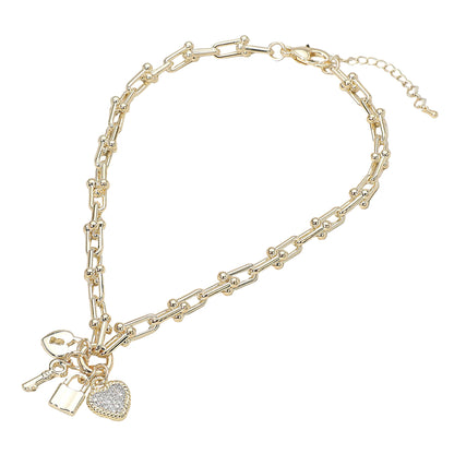 14K Gold Plated CZ Stone Paved Heart Key Lock Charm Industrial Link Chain Necklace