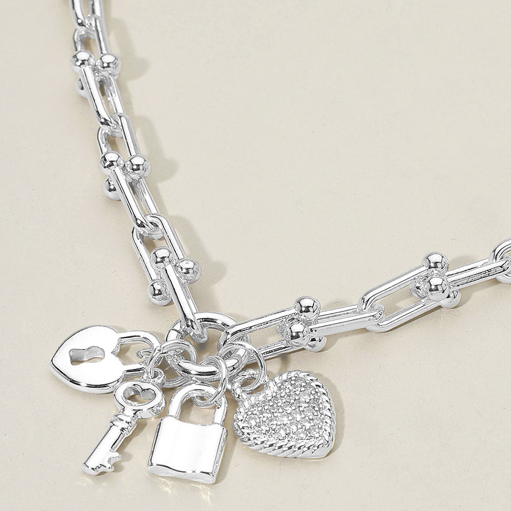 14K Gold Plated CZ Stone Paved Heart Key Lock Charm Industrial Link Chain Necklace