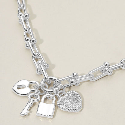 14K Gold Plated CZ Stone Paved Heart Key Lock Charm Industrial Link Chain Necklace