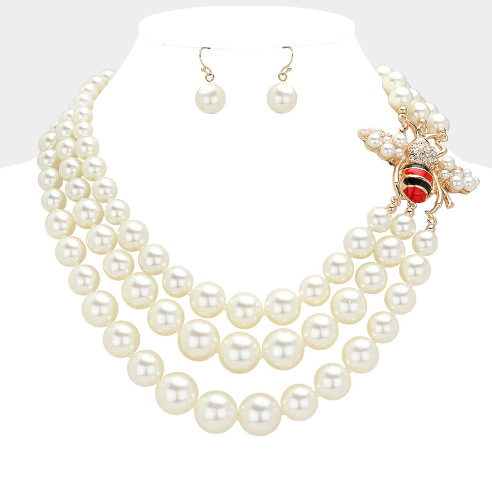 Honey Bee Pointed Pearl Layered Necklace Earrings Jewelry set