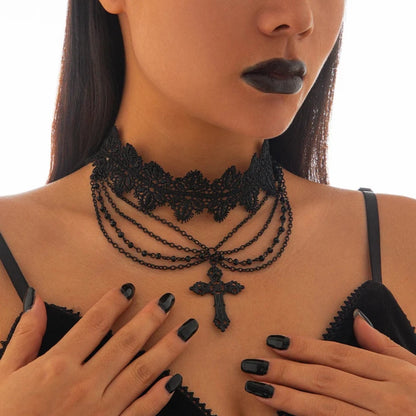 Multilayer Gothic Black Lace Chunky Chain Necklace Vintage Cross Pendant Choker