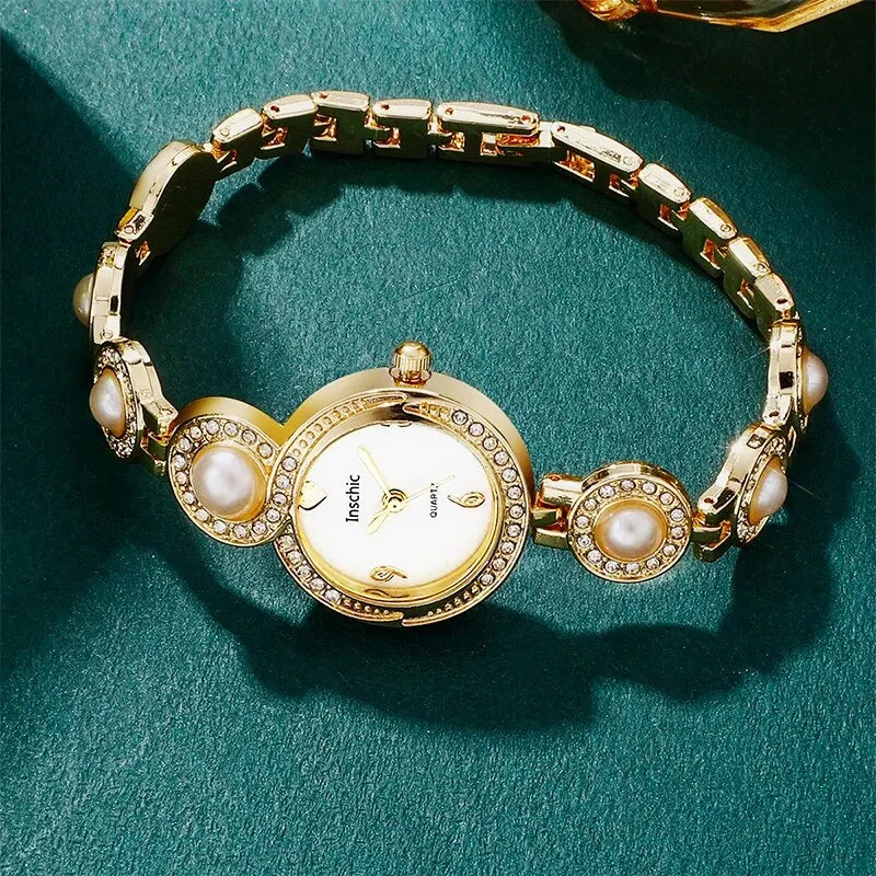 Luxury Diamond Pearl Quartz Women's Watch Set with Rhinestone Jewelry