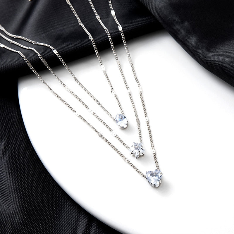 Crystal Zircon Heart Star Charm Layered Pendant Necklace Set