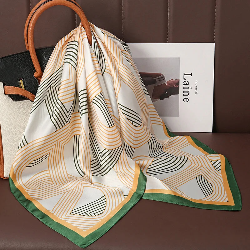 Luxury Satin Silk Square Scarf for Women, Printed Fashion Wrap, Shawl, Neckerchief