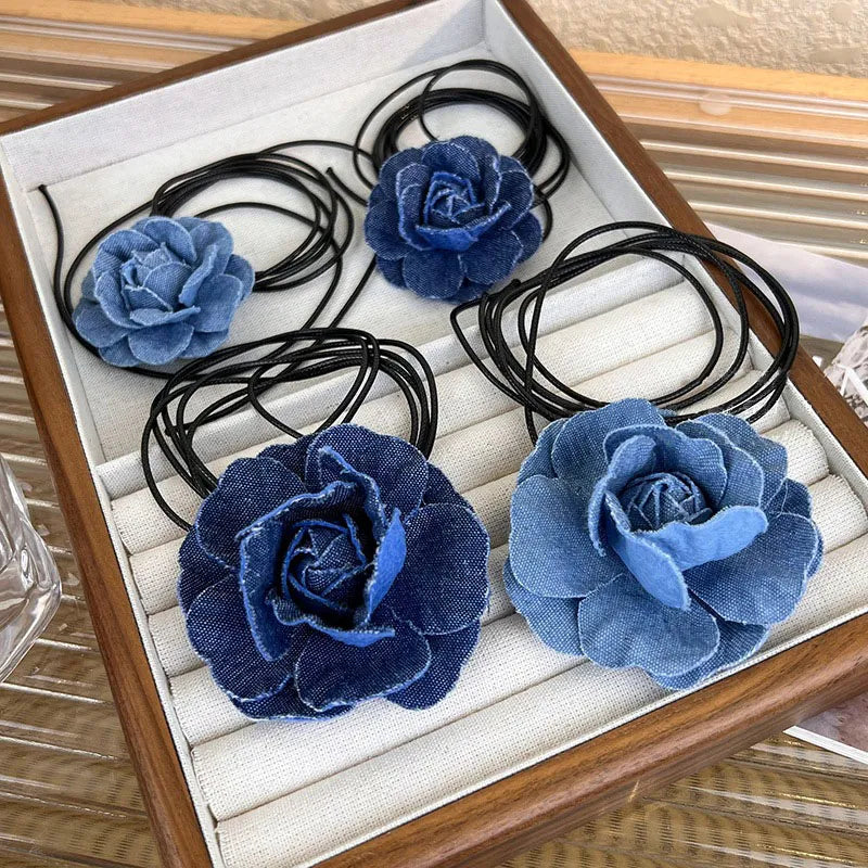 Denim Rose Pendant Rope Chain Necklace