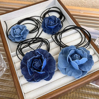 Denim Rose Pendant Rope Chain Necklace